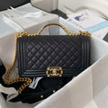 Chanel A94804 Boy Chanel Flap Bag With Handle Grained Shiny Calfskin Gold Tone Metal Black - Default Title - View 1