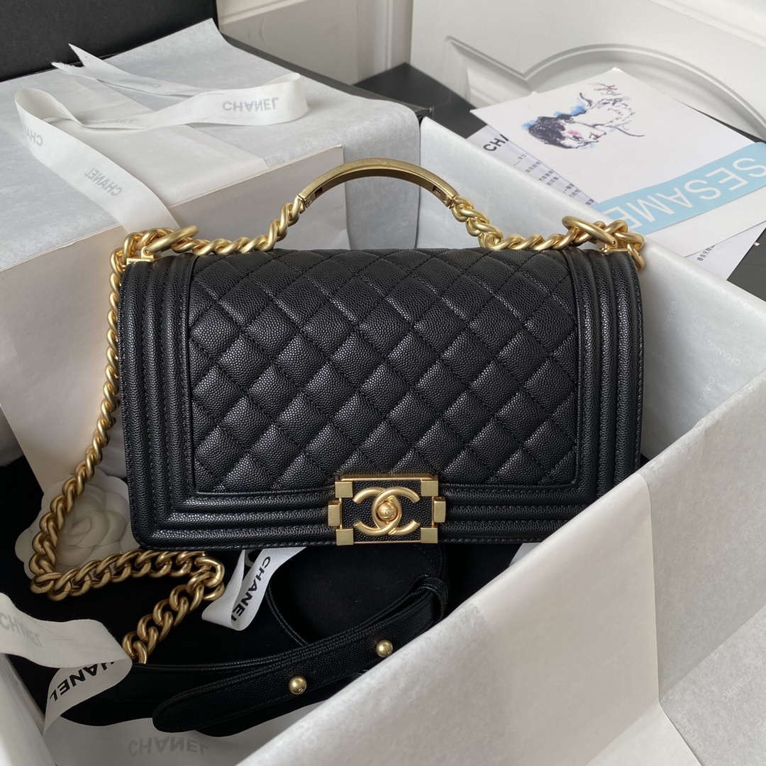 Chanel A94804 Boy Chanel Flap Bag With Handle Grained Shiny Calfskin Gold Tone Metal Black - Default Title - View 1