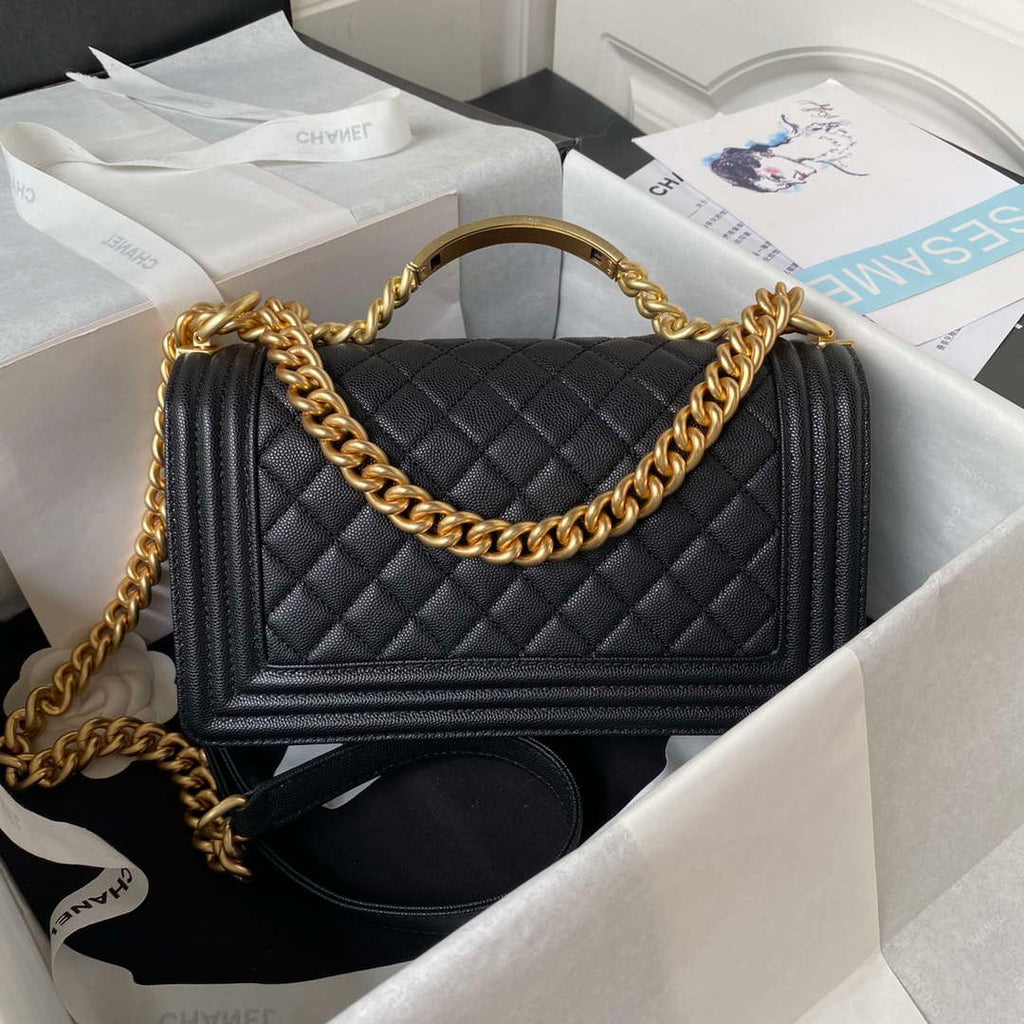 Chanel A94804 Boy Chanel Flap Bag With Handle Grained Shiny Calfskin Gold Tone Metal Black