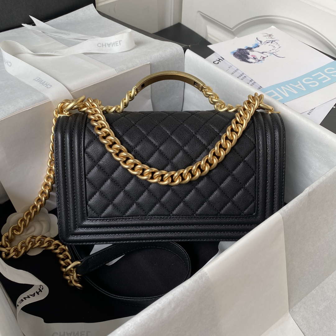 Chanel A94804 Boy Chanel Flap Bag With Handle Grained Shiny Calfskin Gold Tone Metal Black