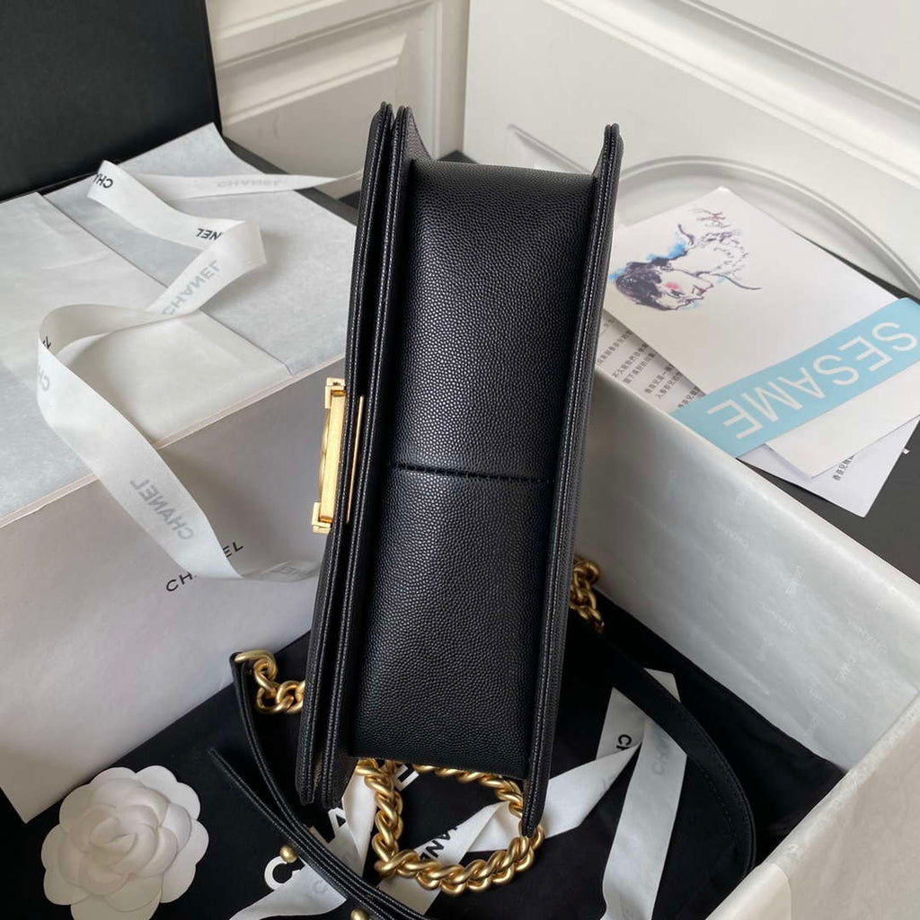 Chanel A94804 Boy Chanel Flap Bag With Handle Grained Shiny Calfskin Gold Tone Metal Black
