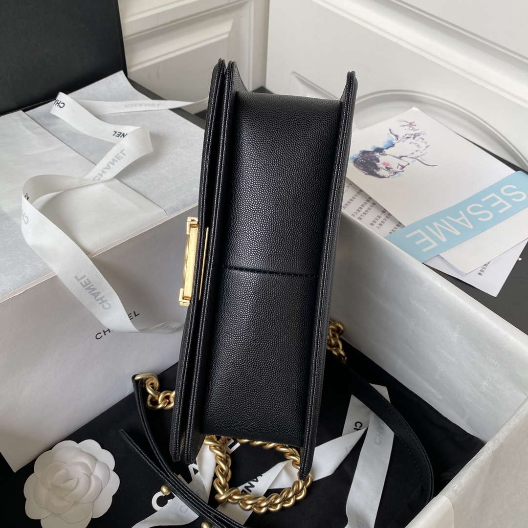 Chanel A94804 Boy Chanel Flap Bag With Handle Grained Shiny Calfskin Gold Tone Metal Black