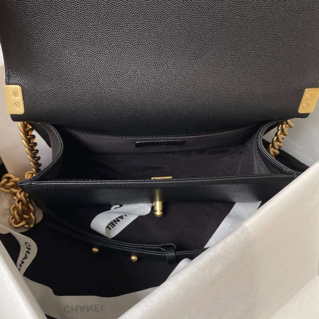 Chanel A94804 Boy Chanel Flap Bag With Handle Grained Shiny Calfskin Gold Tone Metal Black