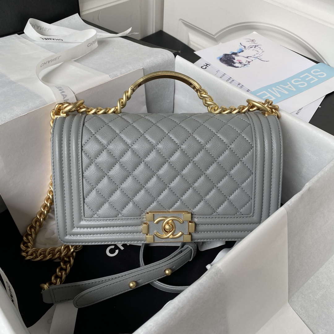 Chanel A94804 Boy Chanel Flap Bag With Handle Grained Shiny Calfskin Gold Tone Metal Gray - Default Title - View 1