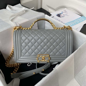 Chanel A94804 Boy Chanel Flap Bag With Handle Grained Shiny Calfskin Gold Tone Metal Gray - Default Title - View 1