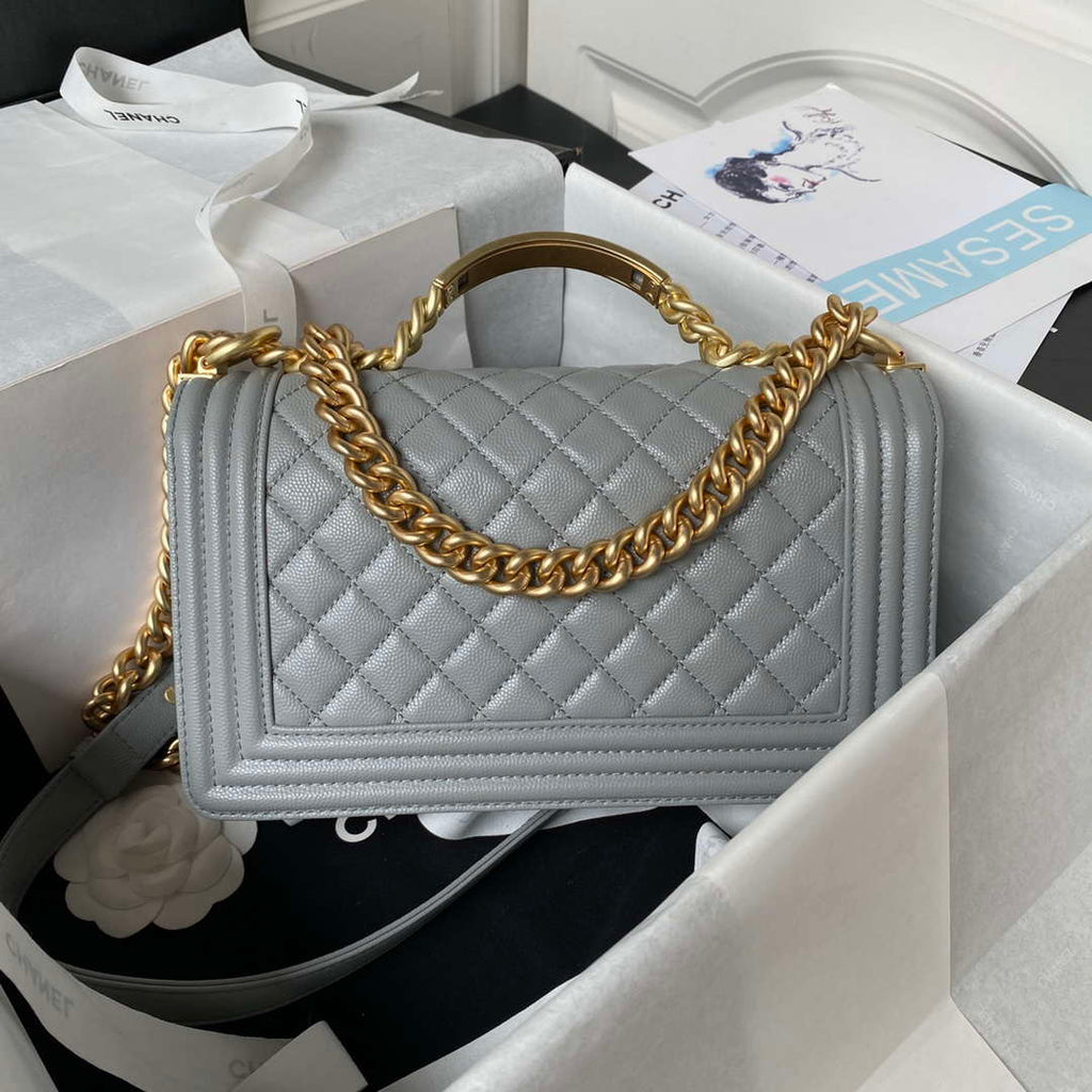 Chanel A94804 Boy Chanel Flap Bag With Handle Grained Shiny Calfskin Gold Tone Metal Gray