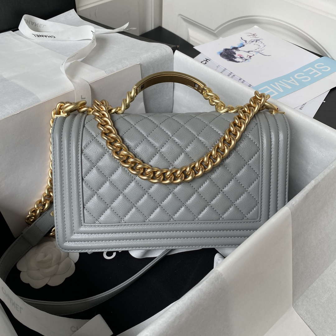 Chanel A94804 Boy Chanel Flap Bag With Handle Grained Shiny Calfskin Gold Tone Metal Gray - Default Title - View 2
