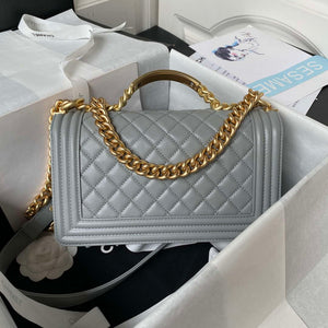 Chanel A94804 Boy Chanel Flap Bag With Handle Grained Shiny Calfskin Gold Tone Metal Gray - Default Title - View 2