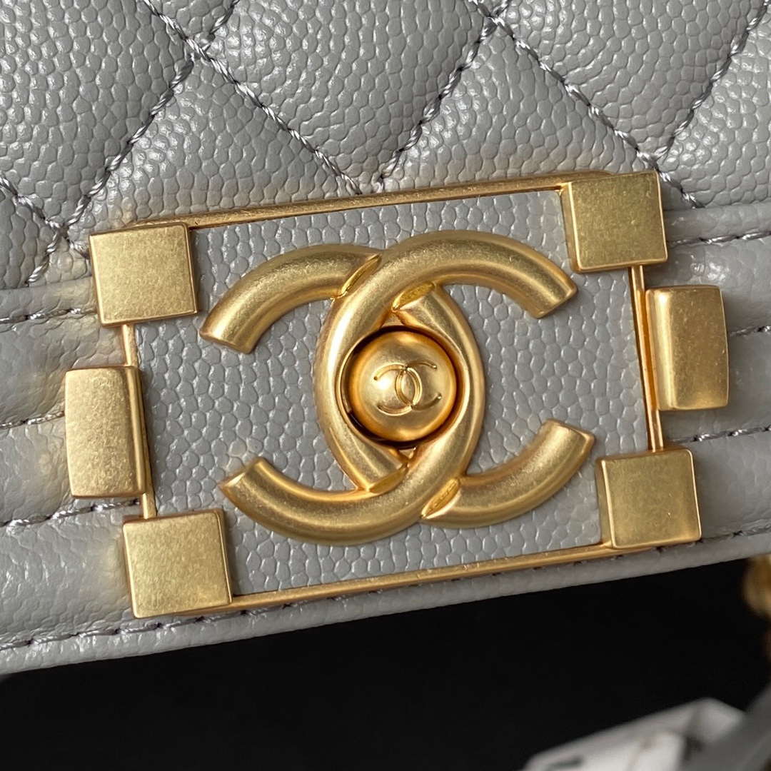 Chanel A94804 Boy Chanel Flap Bag With Handle Grained Shiny Calfskin Gold Tone Metal Gray - Default Title - View 3