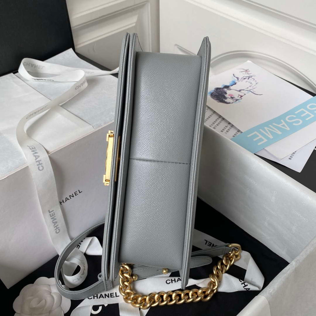Chanel A94804 Boy Chanel Flap Bag With Handle Grained Shiny Calfskin Gold Tone Metal Gray