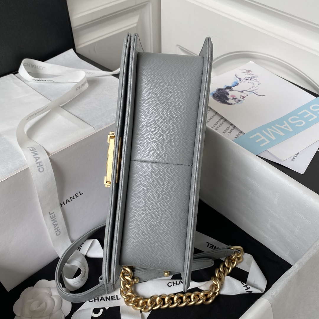 Chanel A94804 Boy Chanel Flap Bag With Handle Grained Shiny Calfskin Gold Tone Metal Gray