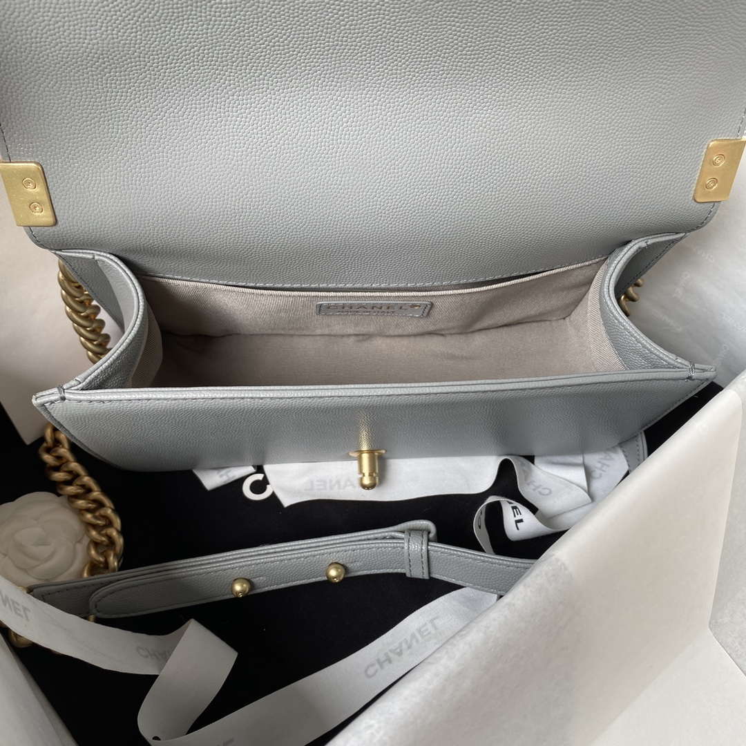 Chanel A94804 Boy Chanel Flap Bag With Handle Grained Shiny Calfskin Gold Tone Metal Gray