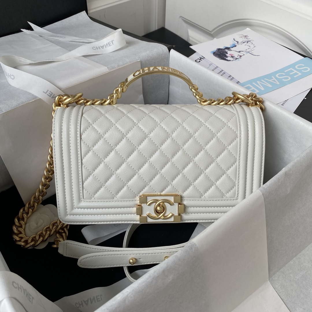 Chanel A94804 Boy Chanel Flap Bag With Handle Grained Shiny Calfskin Gold Tone Metal White - Default Title - View 1