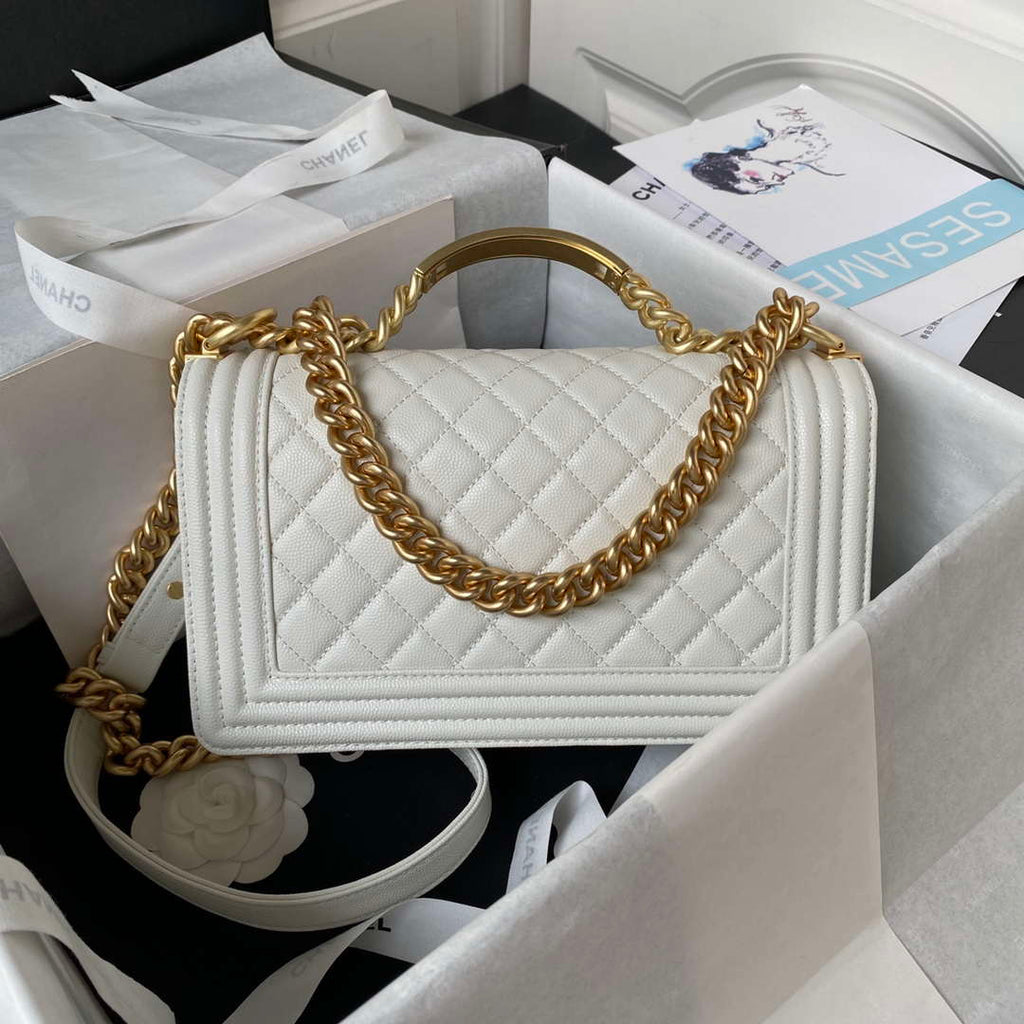 Chanel A94804 Boy Chanel Flap Bag With Handle Grained Shiny Calfskin Gold Tone Metal White