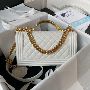 Chanel A94804 Boy Chanel Flap Bag With Handle Grained Shiny Calfskin Gold Tone Metal White - Default Title - View 2