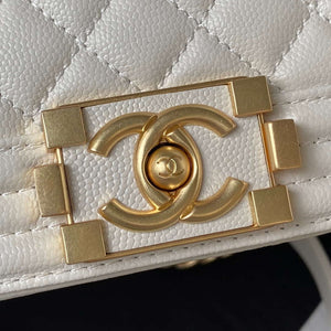 Chanel A94804 Boy Chanel Flap Bag With Handle Grained Shiny Calfskin Gold Tone Metal White - Default Title - View 3