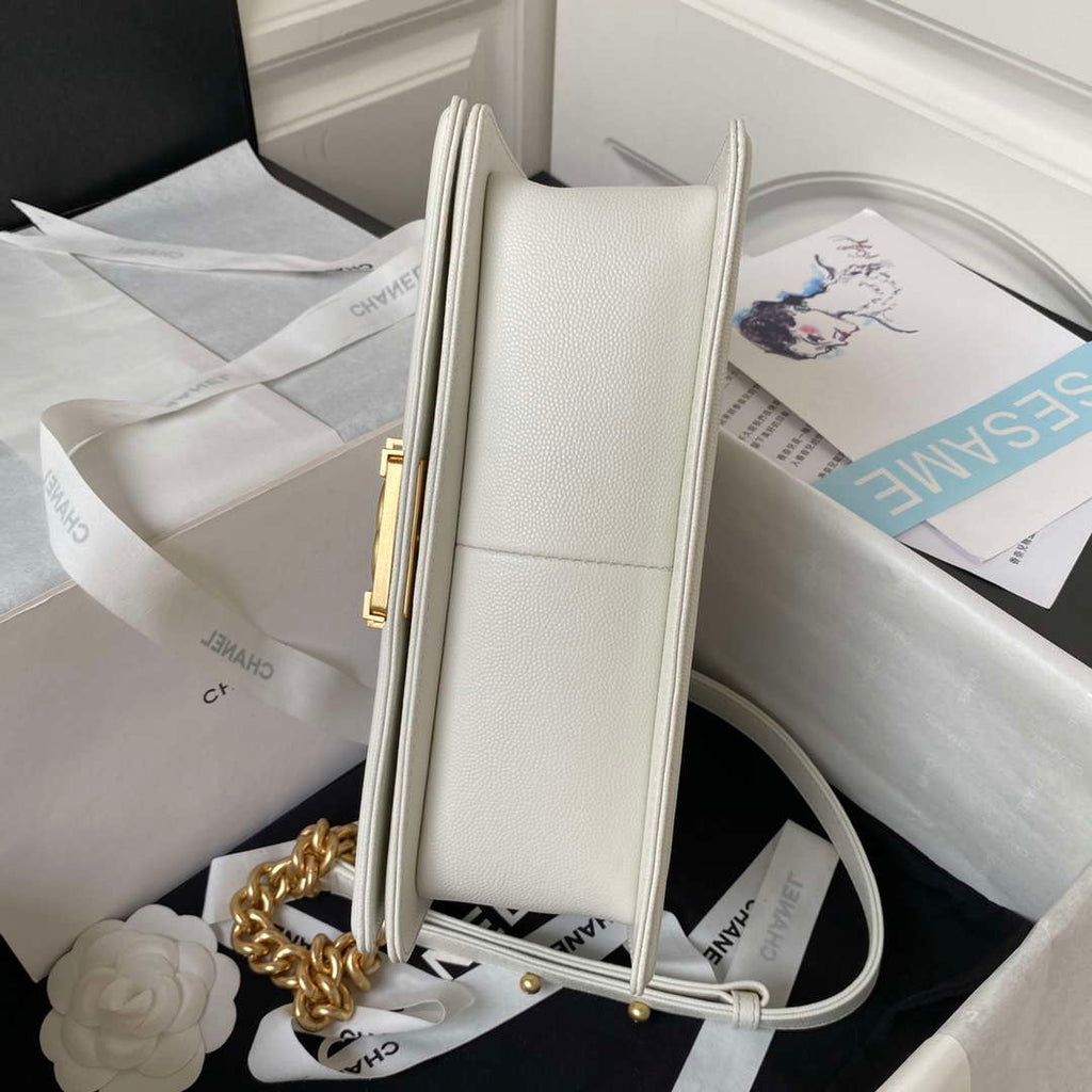 Chanel A94804 Boy Chanel Flap Bag With Handle Grained Shiny Calfskin Gold Tone Metal White