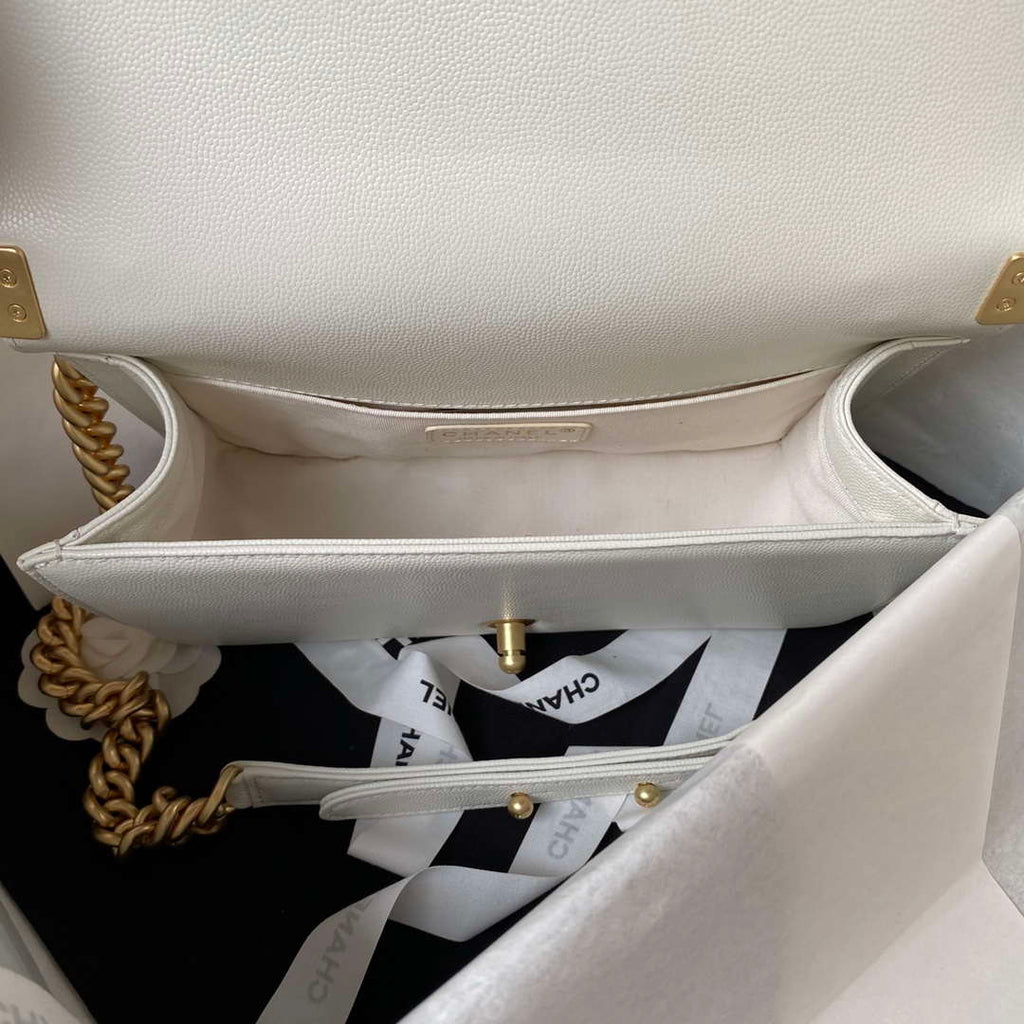 Chanel A94804 Boy Chanel Flap Bag With Handle Grained Shiny Calfskin Gold Tone Metal White
