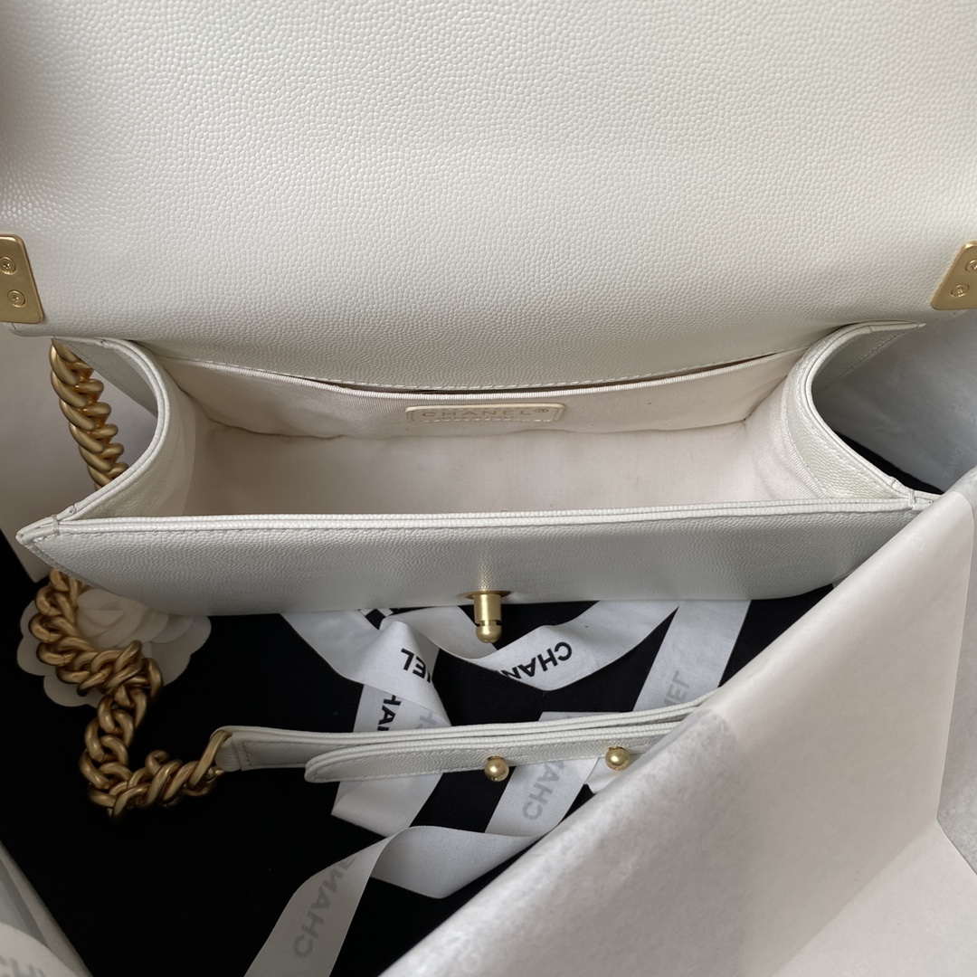 Chanel A94804 Boy Chanel Flap Bag With Handle Grained Shiny Calfskin Gold Tone Metal White