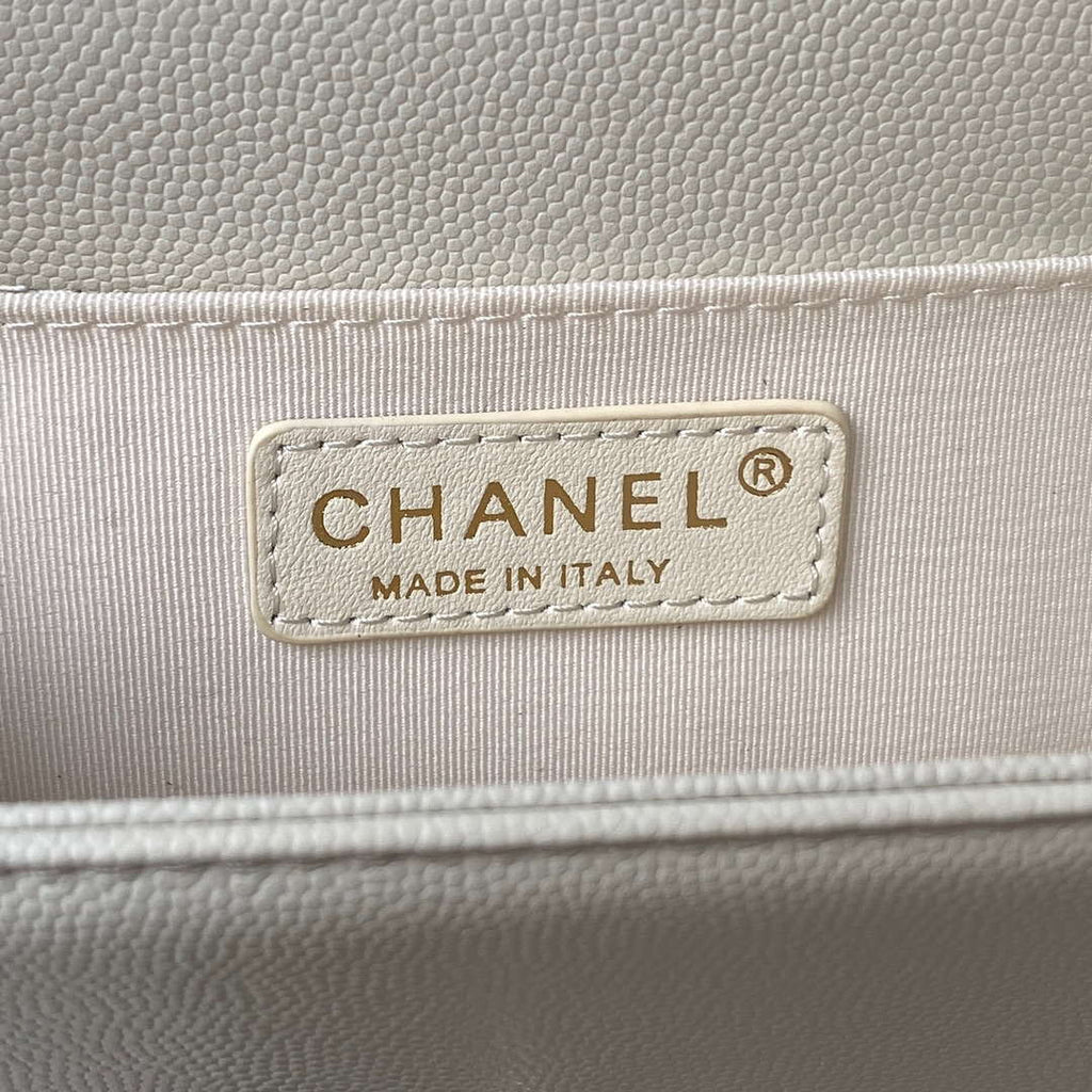 Chanel A94804 Boy Chanel Flap Bag With Handle Grained Shiny Calfskin Gold Tone Metal White