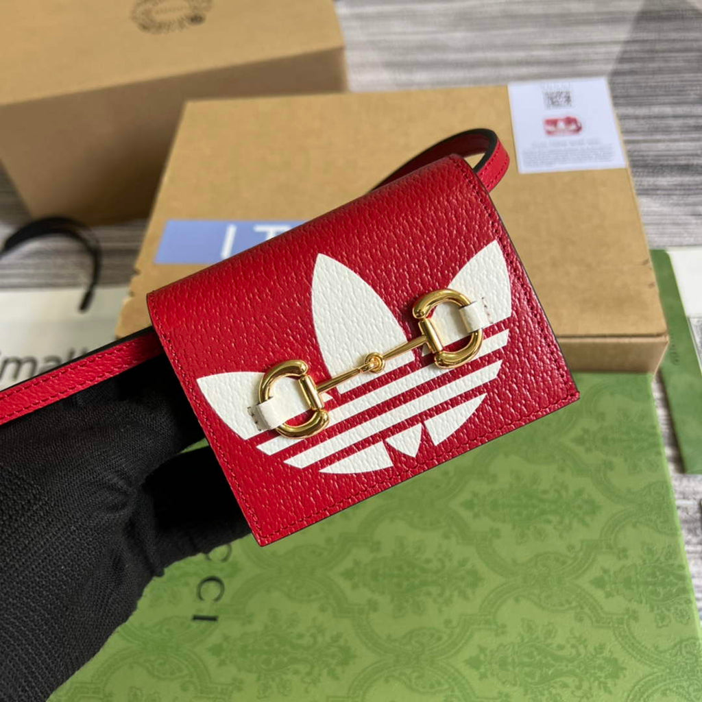 Adidas x Gucci card case with Horsebit 702248 Off-white and red leather