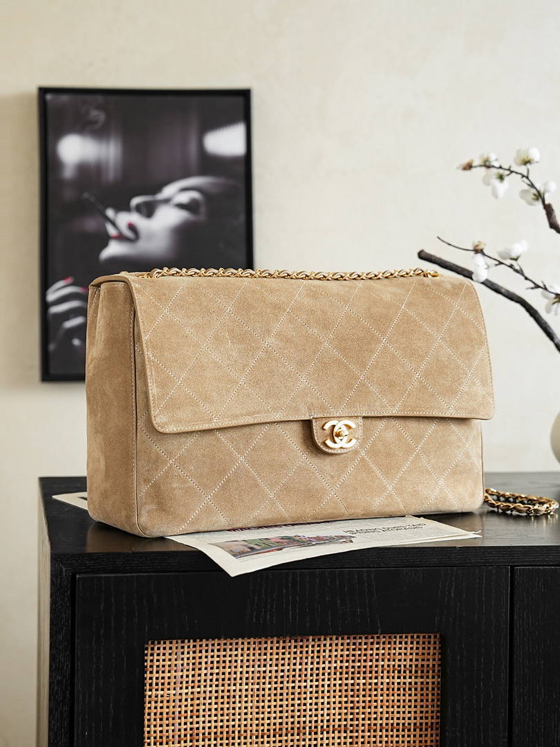 Chanel AS6234 Maxi Flap bag Suede Calfskin  Dark Beige & Gold-Tone Metal