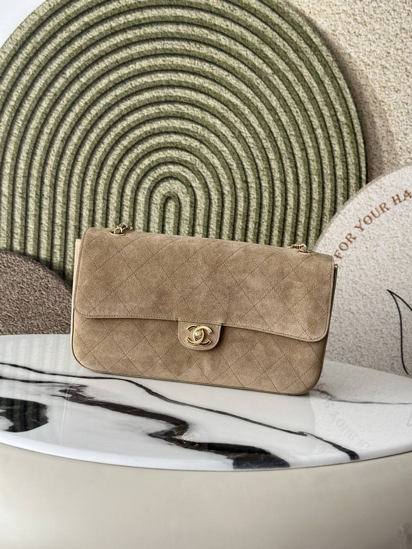Chanel AS6281  Maxi Flap bag  Suede Calfskin & Gold-Tone Metal  Dark Beige