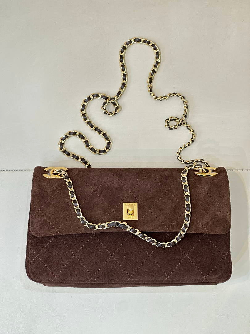 Chanel AS6417 Suede Calfskin & Gold Metal Dark Brown