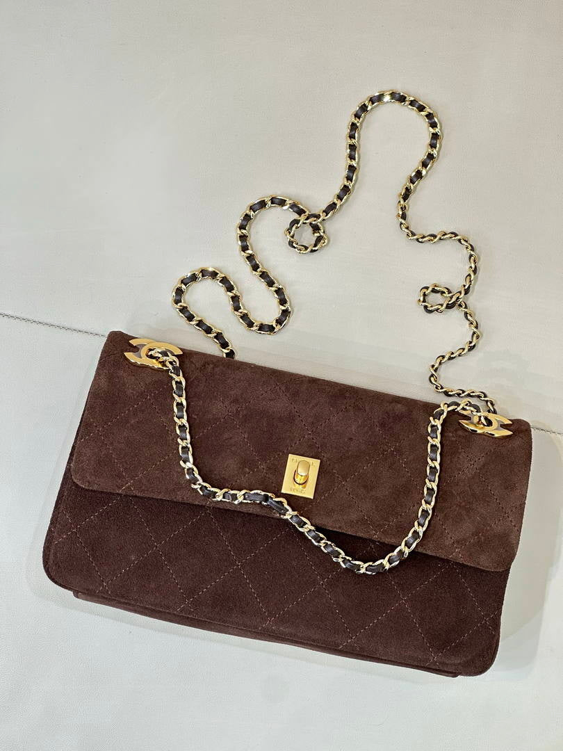 Chanel AS6417 Suede Calfskin & Gold Metal Dark Brown