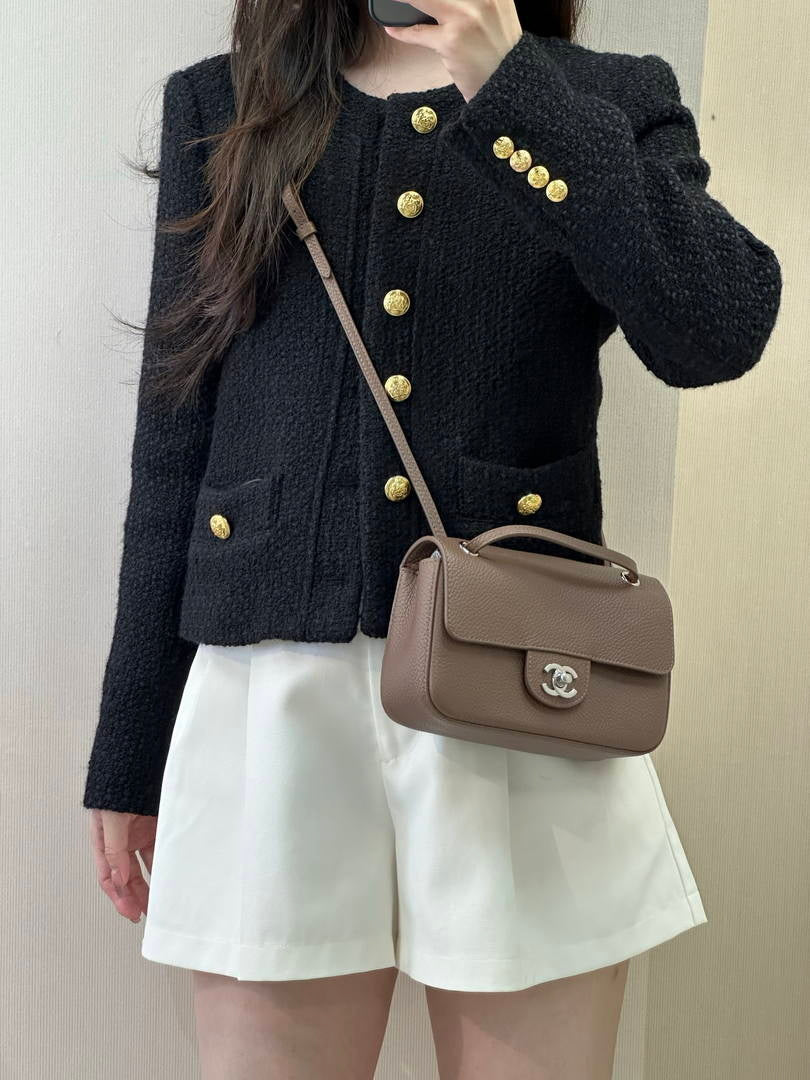 Chanel  AS6573 Mini Flap Bag Grained Calfskin & Gold-Tone Metal Gray Brown