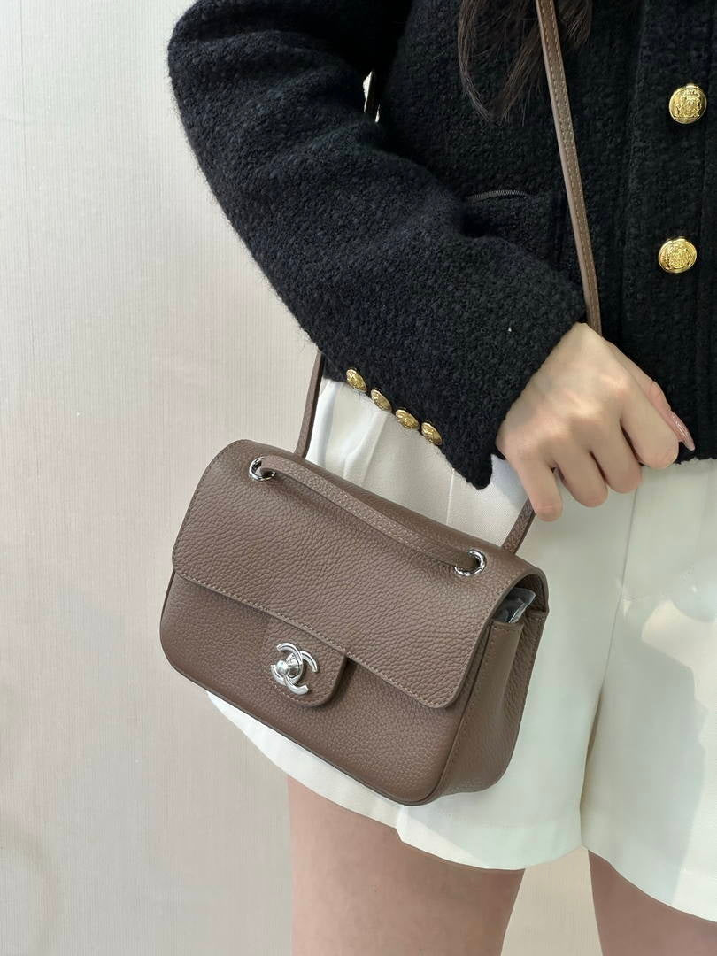 Chanel  AS6573 Mini Flap Bag Grained Calfskin & Gold-Tone Metal Gray Brown