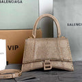 Balenciaga 59283328 Hourglass Top Handle in Apricot Suede Calfskin with Rhinestones - Default Title - View 1