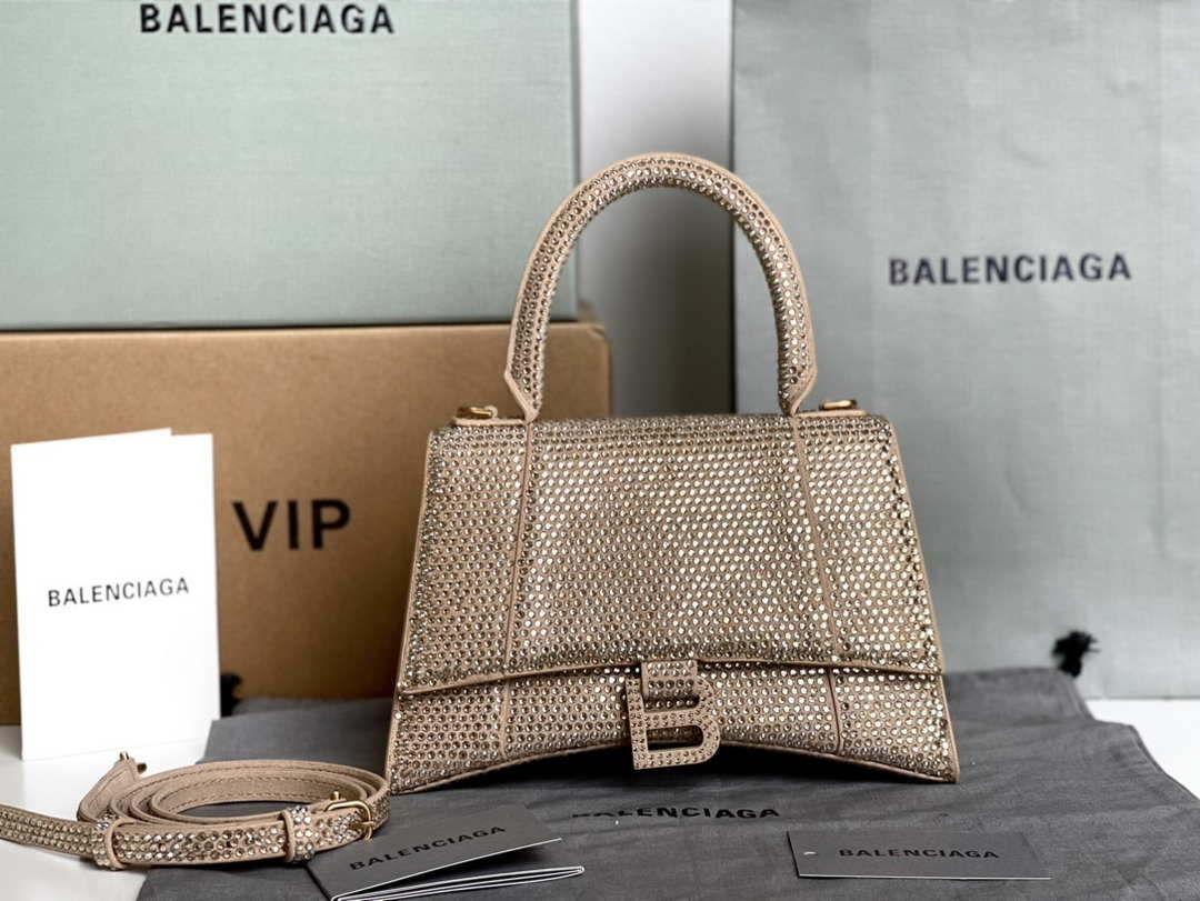 Balenciaga 59283328 Hourglass Top Handle in Apricot Suede Calfskin with Rhinestones - Default Title - View 1