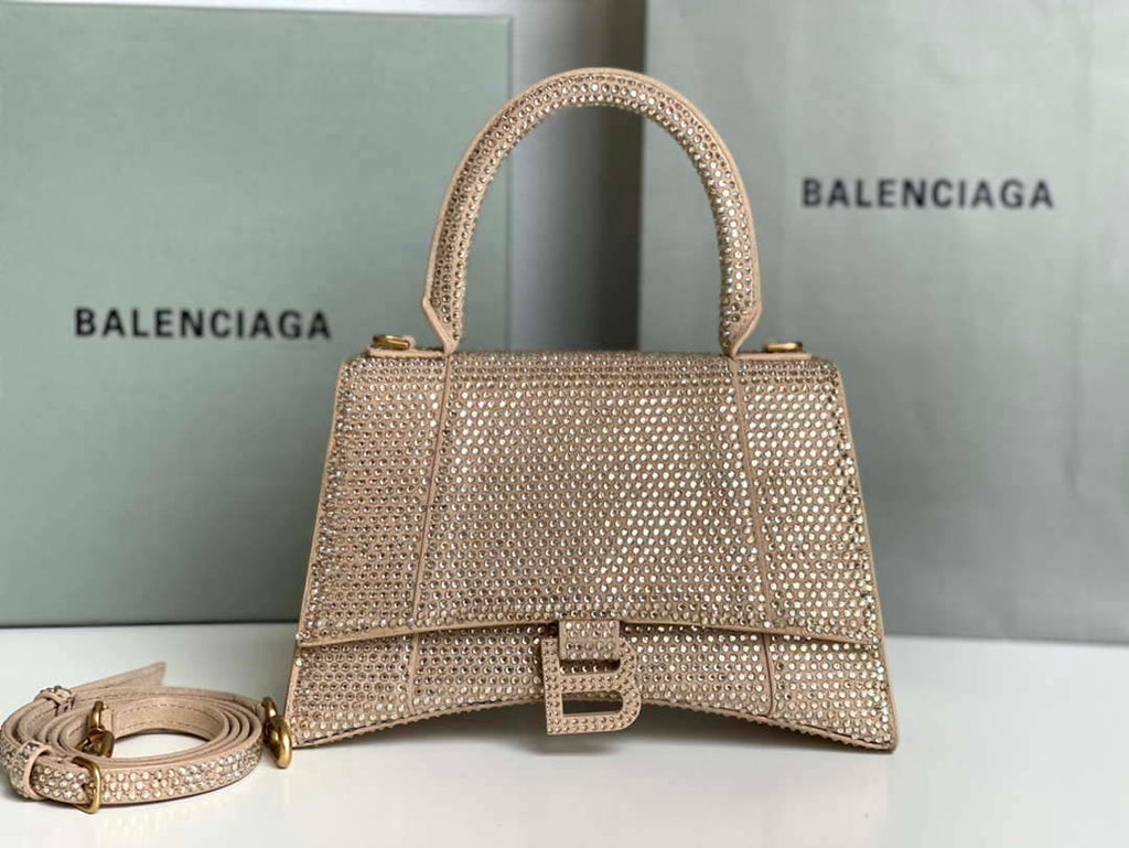 Balenciaga 59283328 Hourglass Top Handle in Apricot Suede Calfskin with Rhinestones