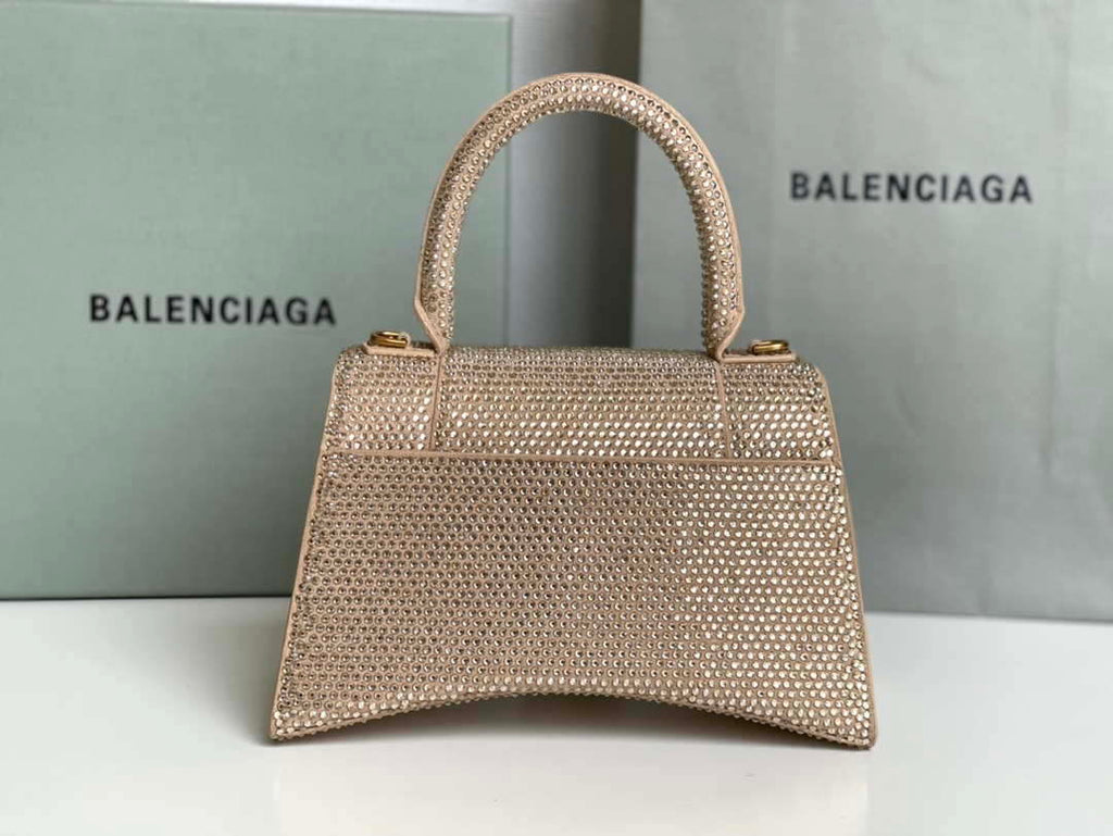 Balenciaga 59283328 Hourglass Top Handle in Apricot Suede Calfskin with Rhinestones