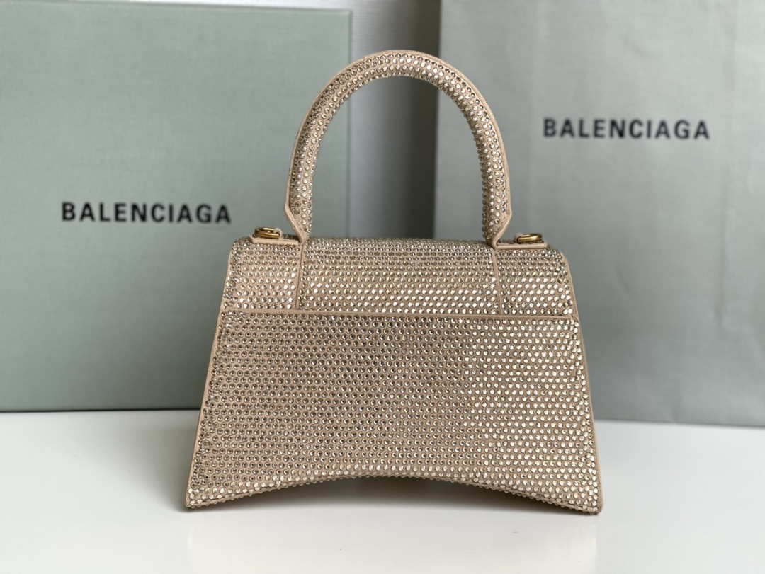 Balenciaga 59283328 Hourglass Top Handle in Apricot Suede Calfskin with Rhinestones