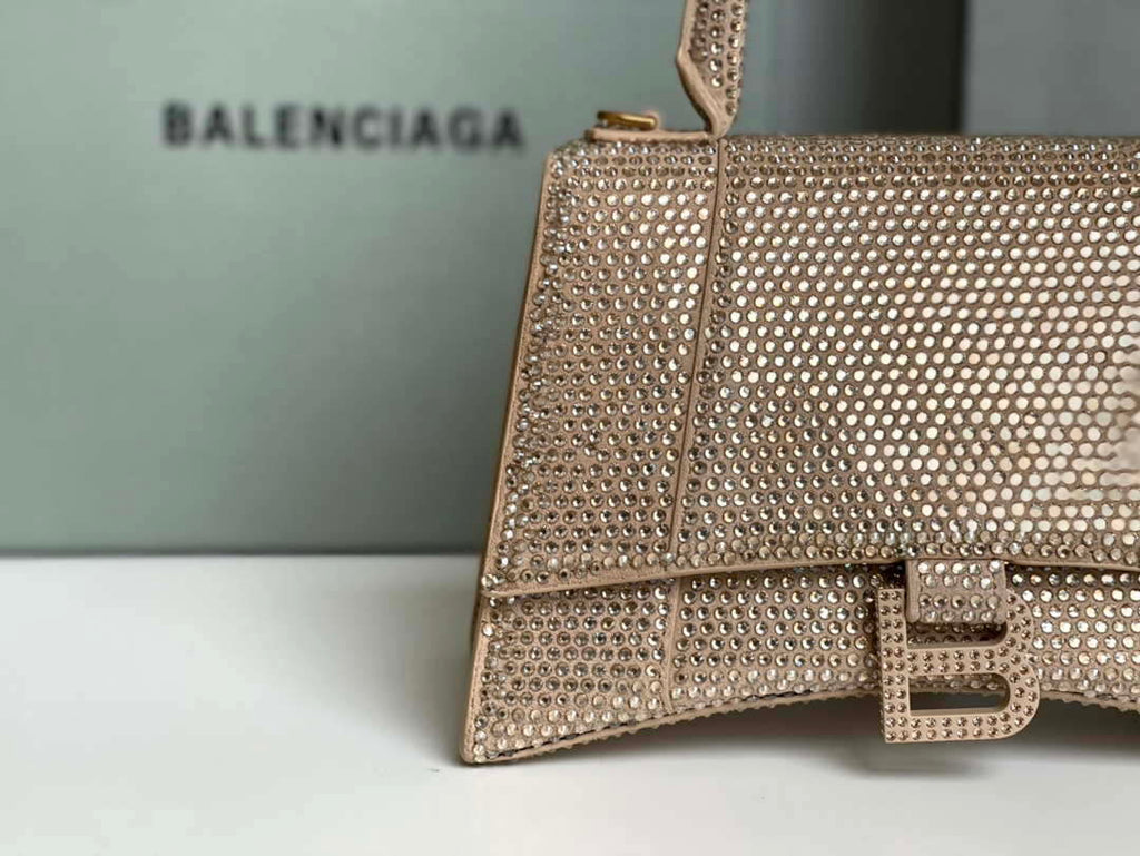 Balenciaga 59283328 Hourglass Top Handle in Apricot Suede Calfskin with Rhinestones