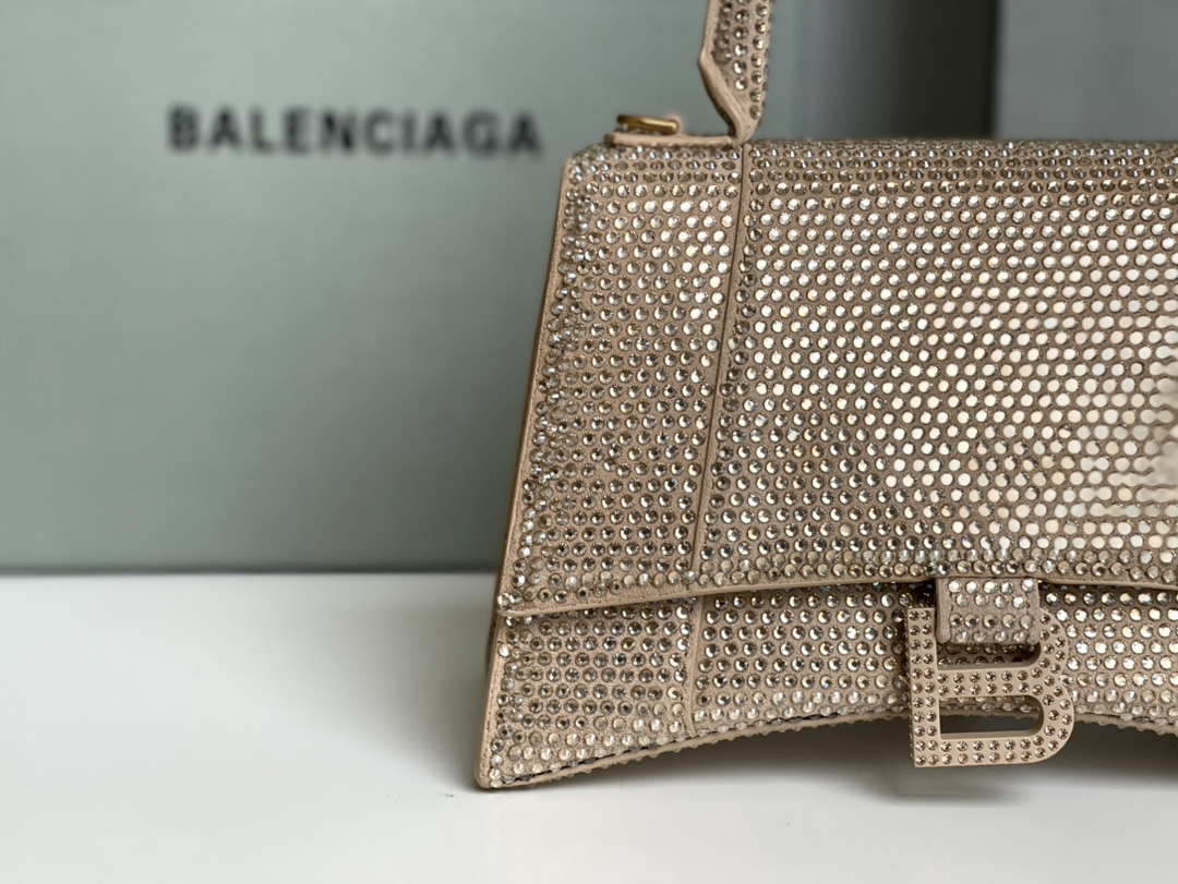 Balenciaga 59283328 Hourglass Top Handle in Apricot Suede Calfskin with Rhinestones