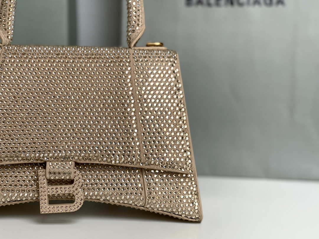 Balenciaga 59283328 Hourglass Top Handle in Apricot Suede Calfskin with Rhinestones