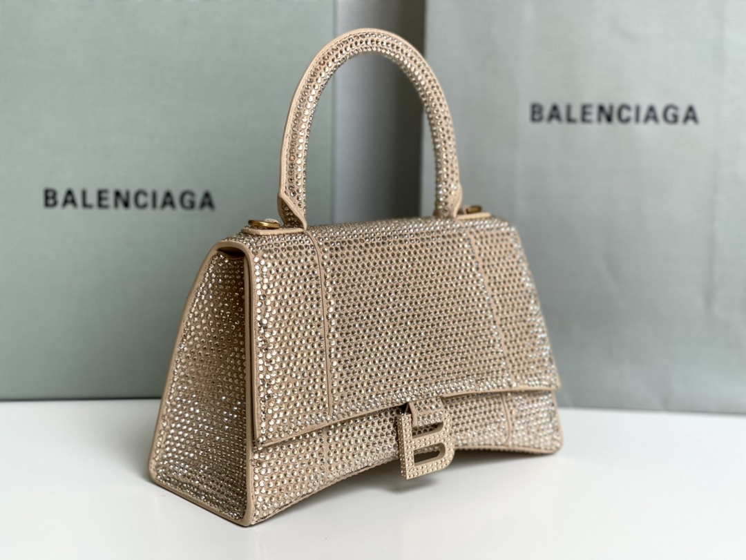 Balenciaga 59283328 Hourglass Top Handle in Apricot Suede Calfskin with Rhinestones