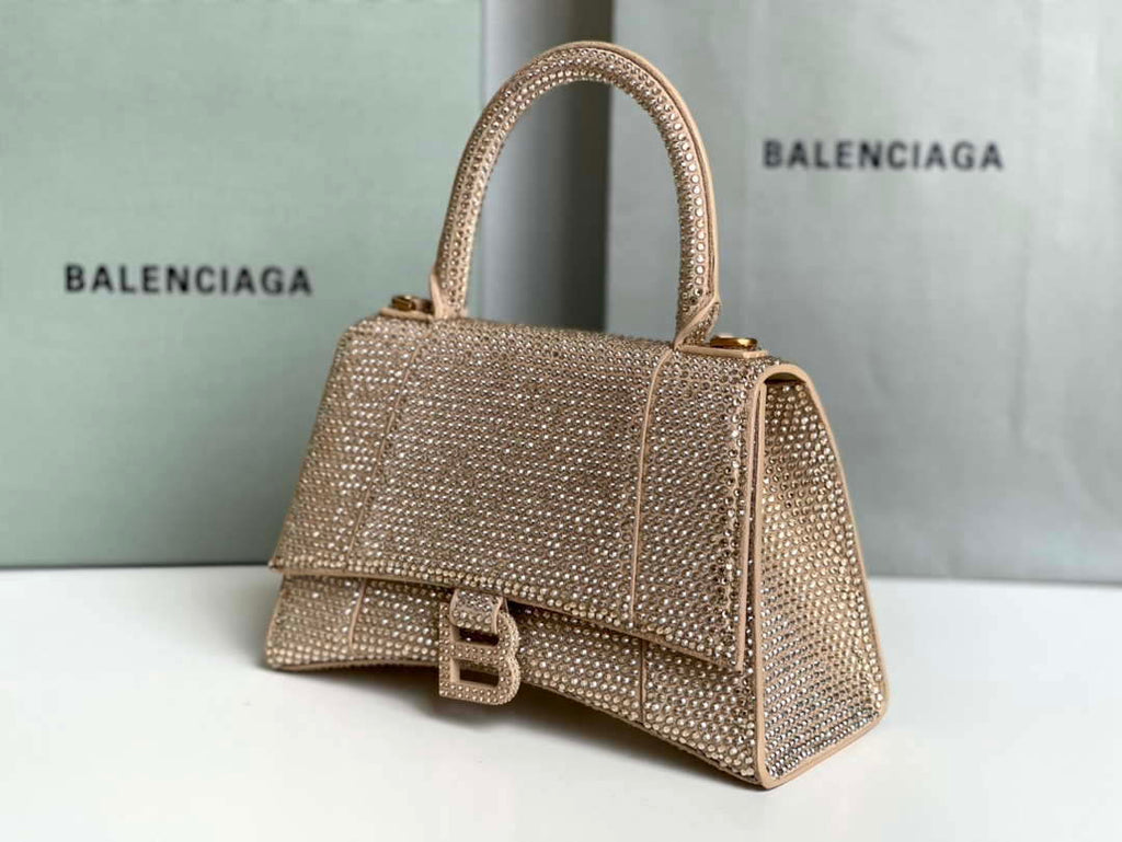 Balenciaga 59283328 Hourglass Top Handle in Apricot Suede Calfskin with Rhinestones