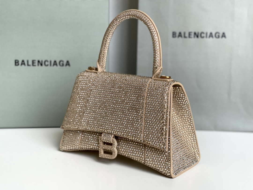 Balenciaga 59283328 Hourglass Top Handle in Apricot Suede Calfskin with Rhinestones
