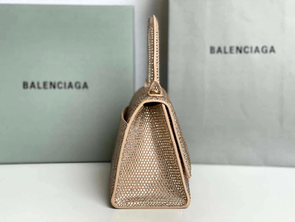 Balenciaga 59283328 Hourglass Top Handle in Apricot Suede Calfskin with Rhinestones