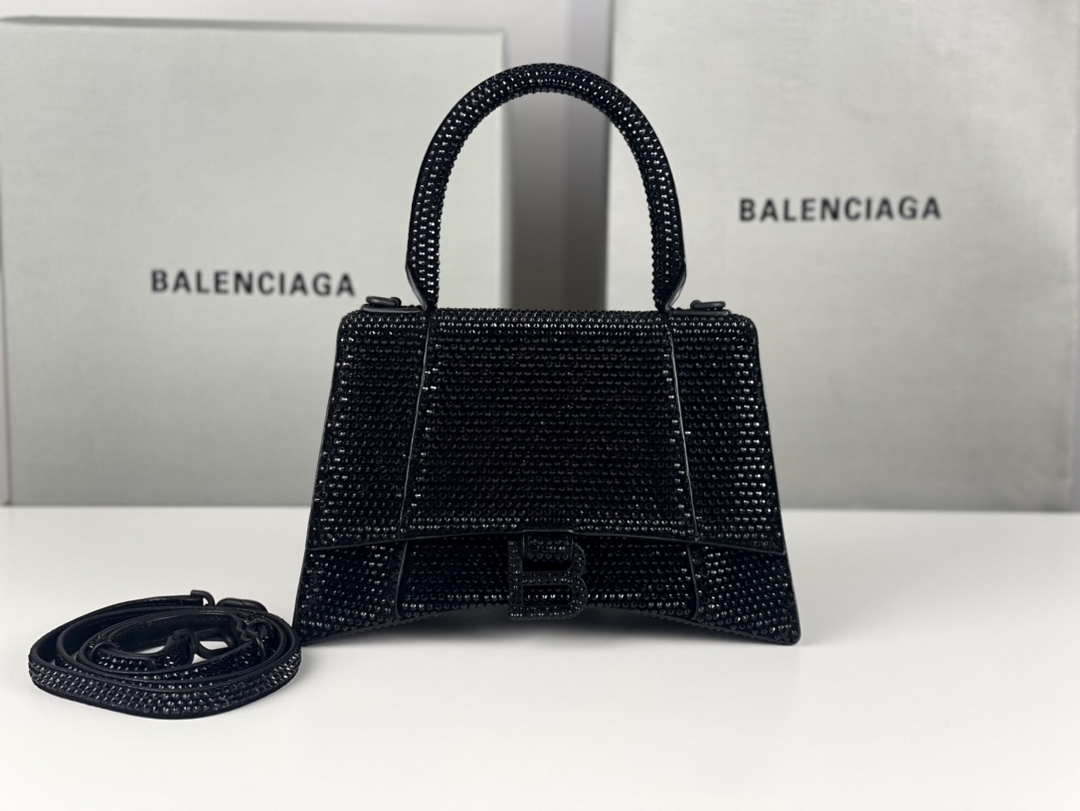 Balenciaga 59283328 Hourglass Top Handle in Black Suede Calfskin with Rhinestones - Default Title - View 1