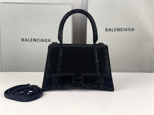 Balenciaga 59283328 Hourglass Top Handle in Black Suede Calfskin with Rhinestones - Default Title - View 1