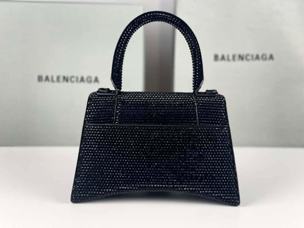 Balenciaga 59283328 Hourglass Top Handle in Black Suede Calfskin with Rhinestones