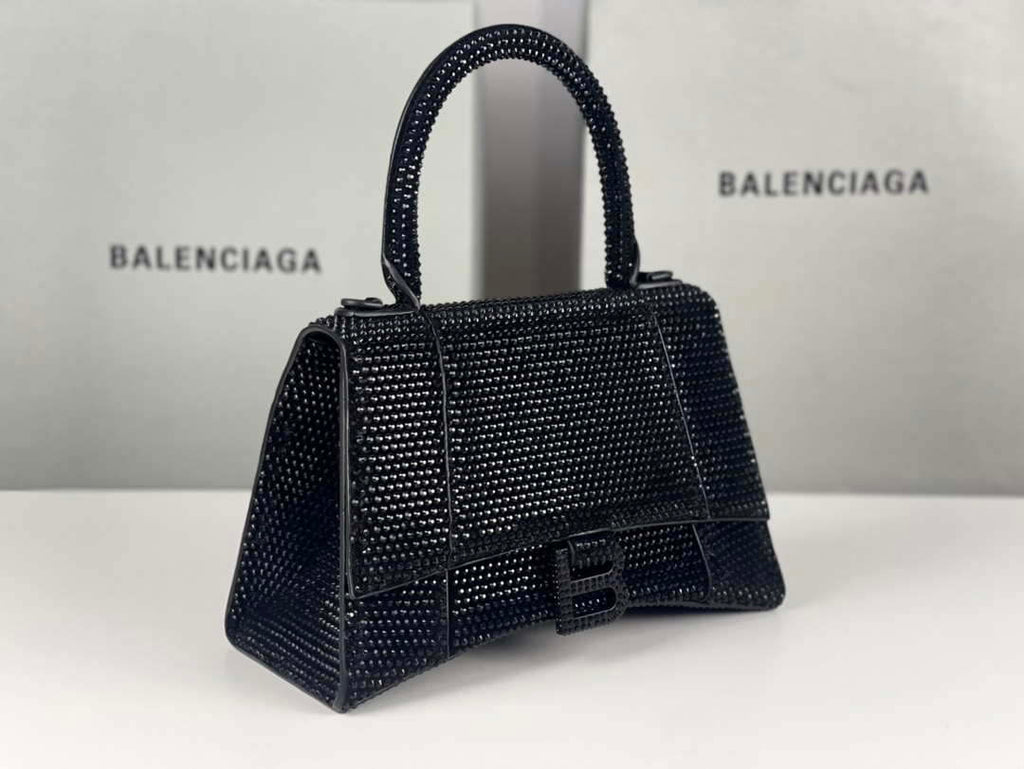 Balenciaga 59283328 Hourglass Top Handle in Black Suede Calfskin with Rhinestones