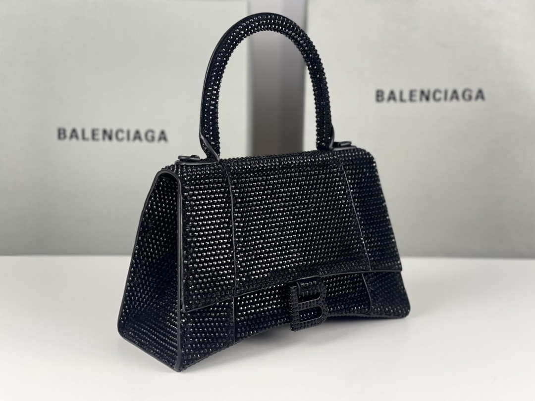 Balenciaga 59283328 Hourglass Top Handle in Black Suede Calfskin with Rhinestones