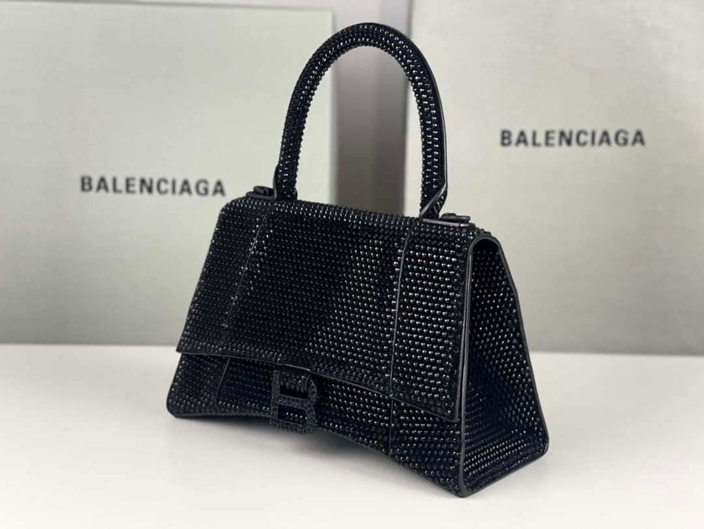 Balenciaga 59283328 Hourglass Top Handle in Black Suede Calfskin with Rhinestones