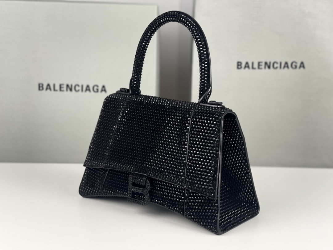 Balenciaga 59283328 Hourglass Top Handle in Black Suede Calfskin with Rhinestones
